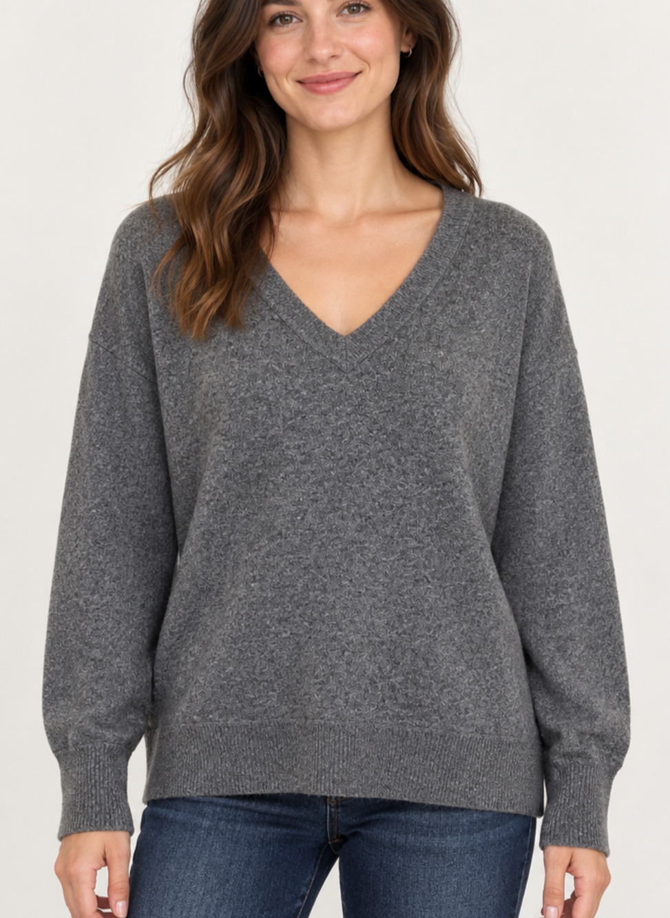 Lucky Brand Sweater Womens L Heather Gray V Neck Long Sleeve Relaxed Knit Casual
